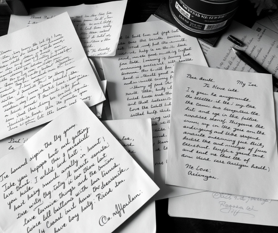 pages of love letters scattered over a desk